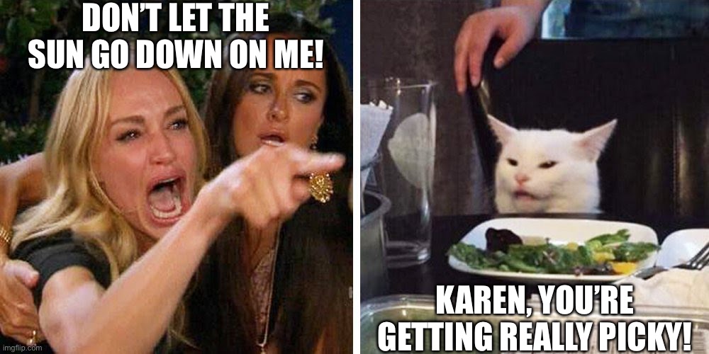 Smudge | DON’T LET THE SUN GO DOWN ON ME! KAREN, YOU’RE GETTING REALLY PICKY! | image tagged in smudge the cat | made w/ Imgflip meme maker