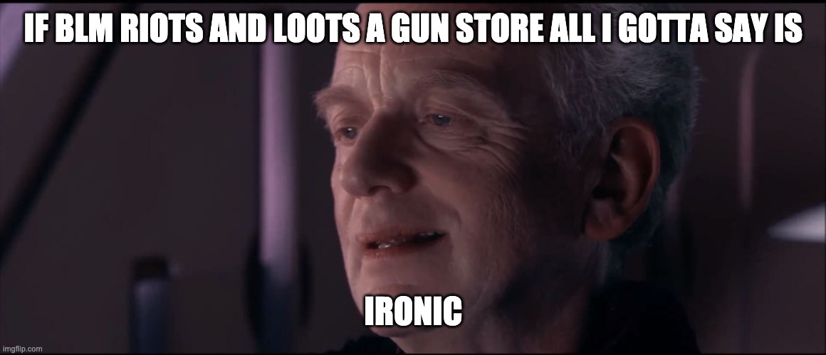 Palpatine Ironic  | IF BLM RIOTS AND LOOTS A GUN STORE ALL I GOTTA SAY IS IRONIC | image tagged in palpatine ironic | made w/ Imgflip meme maker