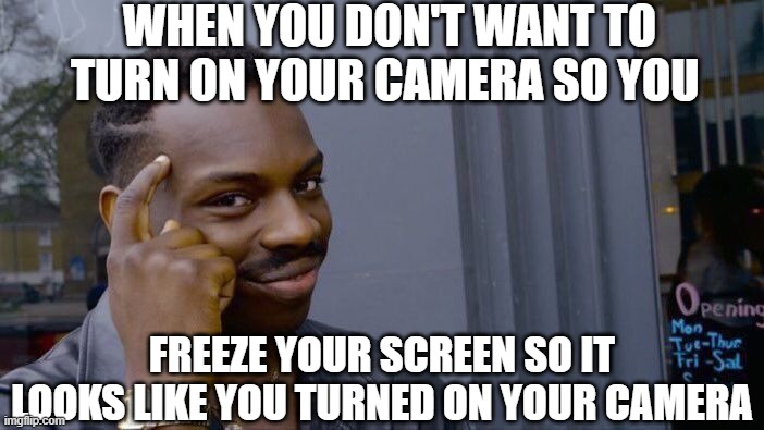 Students and cameras | WHEN YOU DON'T WANT TO TURN ON YOUR CAMERA SO YOU; FREEZE YOUR SCREEN SO IT LOOKS LIKE YOU TURNED ON YOUR CAMERA | image tagged in memes,roll safe think about it,student,camera,online school | made w/ Imgflip meme maker