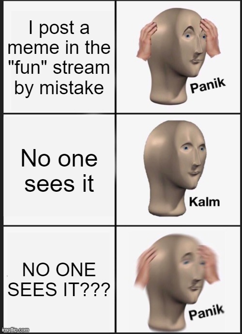 I need a good meme for this stream | I post a meme in the "fun" stream by mistake; No one sees it; NO ONE SEES IT??? | image tagged in memes,panik kalm panik | made w/ Imgflip meme maker