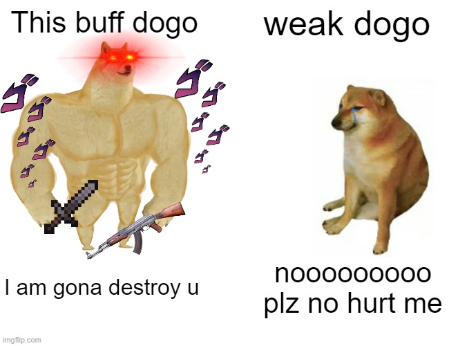 Buff Doge vs. Cheems Meme | weak dogo; This buff dogo; I am gona destroy u; nooooooooo plz no hurt me | image tagged in memes,buff doge vs cheems | made w/ Imgflip meme maker