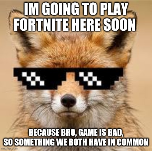 my life is a lol | IM GOING TO PLAY FORTNITE HERE SOON; BECAUSE BRO, GAME IS BAD, SO SOMETHING WE BOTH HAVE IN COMMON | image tagged in cool fox | made w/ Imgflip meme maker