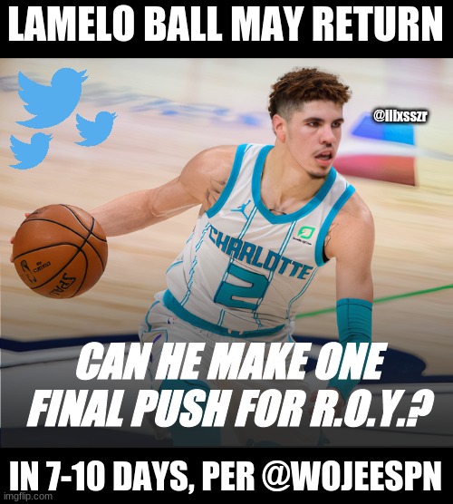 Humbled. | LAMELO BALL MAY RETURN; @iiixsszr; CAN HE MAKE ONE FINAL PUSH FOR R.O.Y.? IN 7-10 DAYS, PER @WOJEESPN | image tagged in wojespn,lamelo ball,roy | made w/ Imgflip meme maker