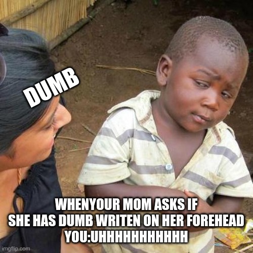 Third World Skeptical Kid | DUMB; WHENYOUR MOM ASKS IF SHE HAS DUMB WRITEN ON HER FOREHEAD
YOU:UHHHHHHHHHHH | image tagged in memes,third world skeptical kid | made w/ Imgflip meme maker