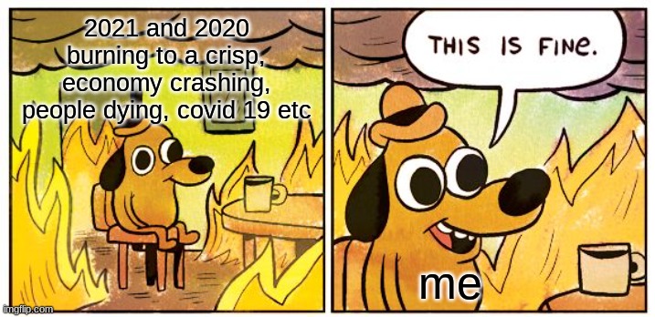 This Is Fine | 2021 and 2020 burning to a crisp, economy crashing, people dying, covid 19 etc; me | image tagged in memes,this is fine | made w/ Imgflip meme maker