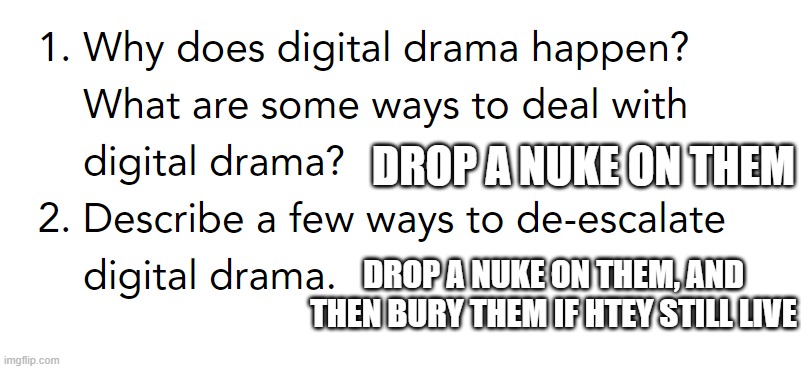 Random thing, i was going to get a better one, but the presentation passed, but my friend got this one, so yeah | DROP A NUKE ON THEM; DROP A NUKE ON THEM, AND THEN BURY THEM IF HTEY STILL LIVE | image tagged in idkwtd | made w/ Imgflip meme maker