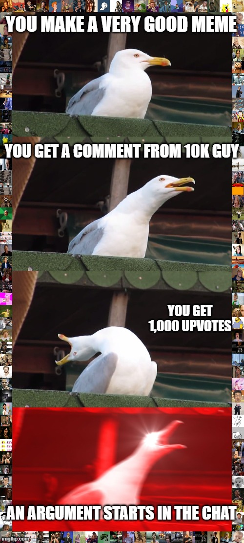 Make this true | YOU MAKE A VERY GOOD MEME; YOU GET A COMMENT FROM 10K GUY; YOU GET 1,000 UPVOTES; AN ARGUMENT STARTS IN THE CHAT | image tagged in memes,inhaling seagull | made w/ Imgflip meme maker