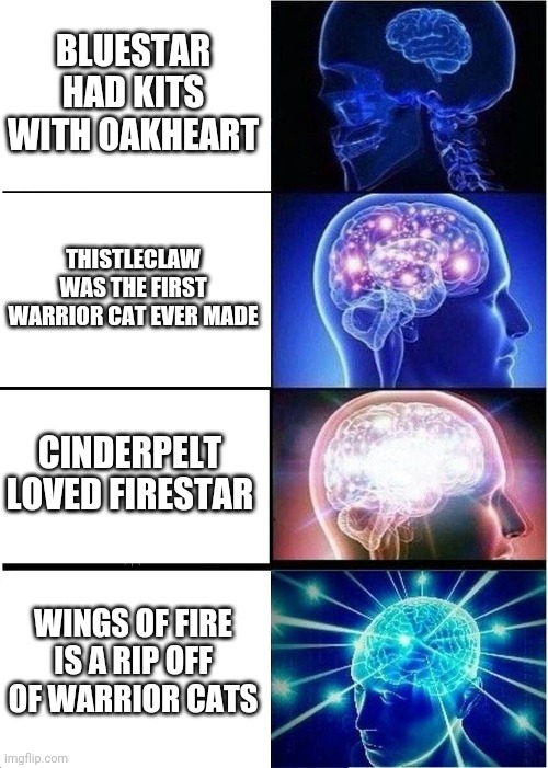 Warrior cat knowledge | BLUESTAR HAD KITS WITH OAKHEART; THISTLECLAW WAS THE FIRST WARRIOR CAT EVER MADE; CINDERPELT LOVED FIRESTAR; WINGS OF FIRE IS A RIP OFF OF WARRIOR CATS | image tagged in memes,expanding brain | made w/ Imgflip meme maker