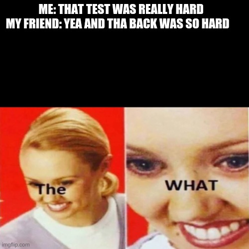 The What | ME: THAT TEST WAS REALLY HARD   


MY FRIEND: YEA AND THA BACK WAS SO HARD | image tagged in the what | made w/ Imgflip meme maker