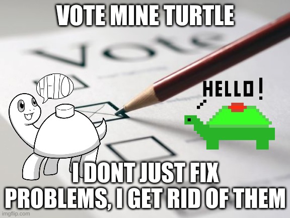 mine turtle for HOC! | VOTE MINE TURTLE; I DONT JUST FIX PROBLEMS, I GET RID OF THEM | image tagged in voting ballot | made w/ Imgflip meme maker