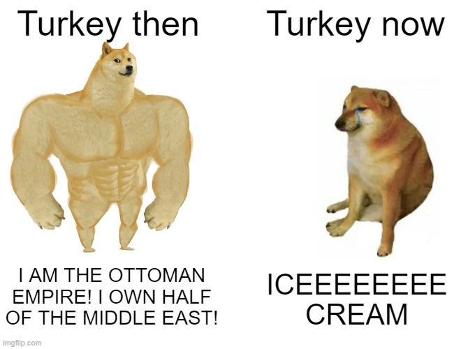 Ice cream? | Turkey then; Turkey now; I AM THE OTTOMAN EMPIRE! I OWN HALF OF THE MIDDLE EAST! ICEEEEEEEE CREAM | image tagged in memes,buff doge vs cheems | made w/ Imgflip meme maker