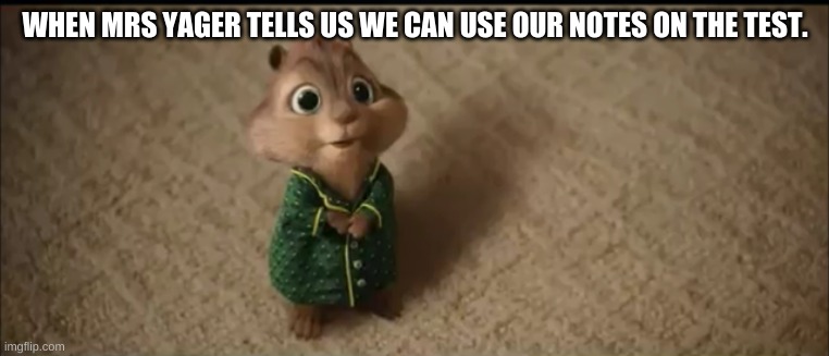 WHEN MRS YAGER TELLS US WE CAN USE OUR NOTES ON THE TEST. | image tagged in chipmunks | made w/ Imgflip meme maker