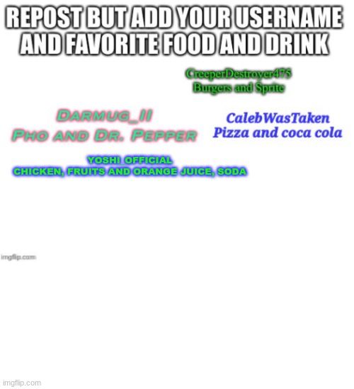 YOSHI_OFFICIAL
CHICKEN, FRUITS AND ORANGE JUICE, SODA | image tagged in memes,blank transparent square | made w/ Imgflip meme maker