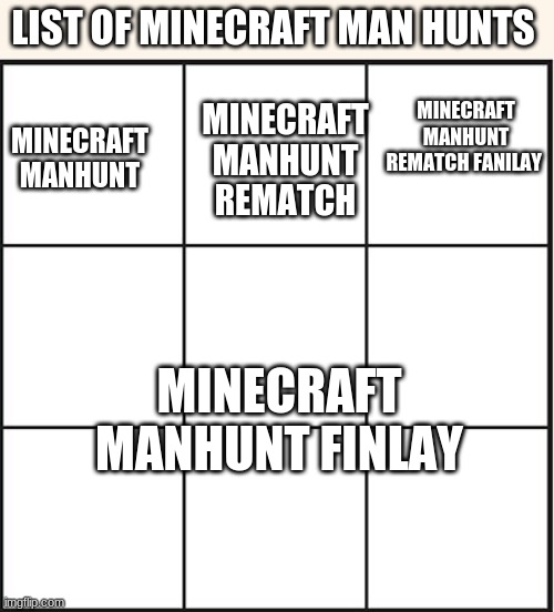 manhunt list | LIST OF MINECRAFT MAN HUNTS; MINECRAFT MANHUNT REMATCH FANILAY; MINECRAFT MANHUNT; MINECRAFT MANHUNT REMATCH; MINECRAFT MANHUNT FINLAY | image tagged in which one are you,dream | made w/ Imgflip meme maker