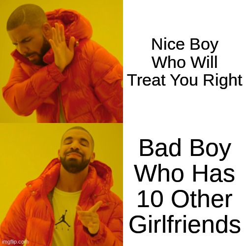 Drake Hotline Bling | Nice Boy Who Will Treat You Right; Bad Boy Who Has 10 Other Girlfriends | image tagged in memes,drake hotline bling | made w/ Imgflip meme maker