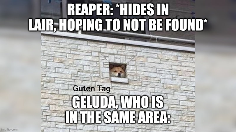 Geluda joins the adventure! | REAPER: *HIDES IN LAIR, HOPING TO NOT BE FOUND*; GELUDA, WHO IS IN THE SAME AREA: | image tagged in guten tag,reaper,enchantress | made w/ Imgflip meme maker