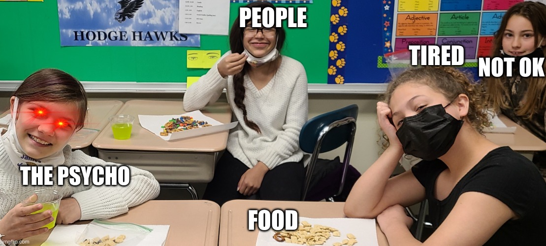 the school 2 | PEOPLE; TIRED; NOT OK; THE PSYCHO; FOOD | image tagged in funny | made w/ Imgflip meme maker