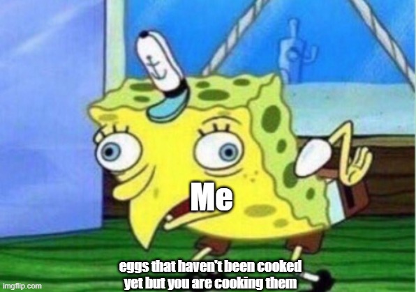 Mocking Spongebob Meme | Me; eggs that haven't been cooked yet but you are cooking them | image tagged in memes,mocking spongebob | made w/ Imgflip meme maker
