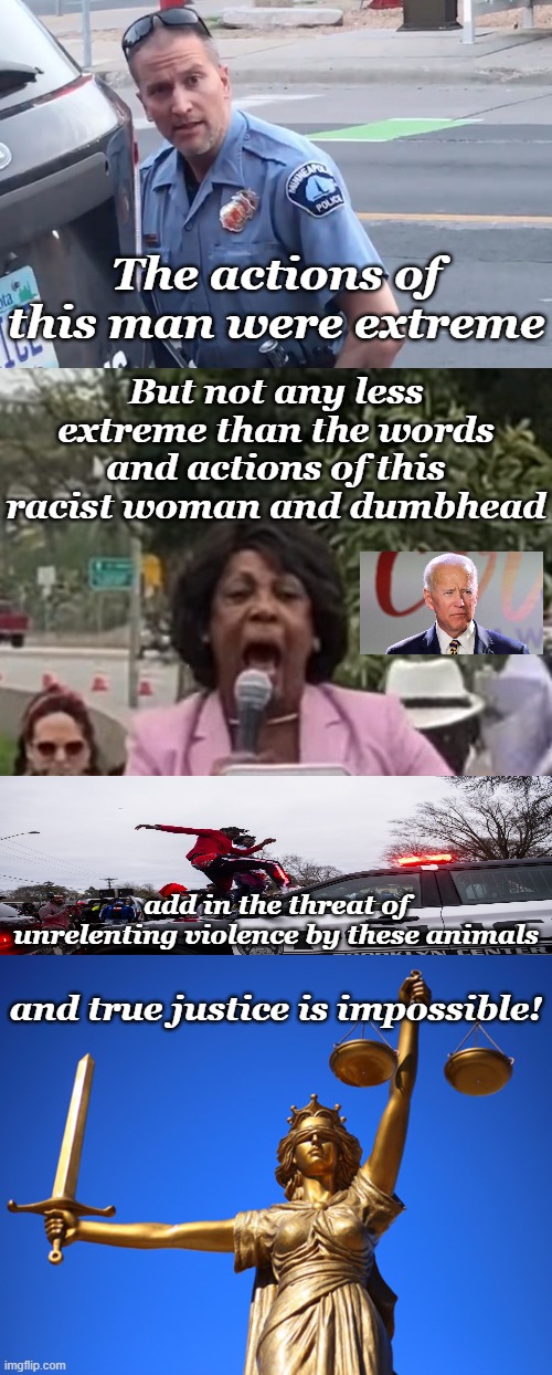 No justice | But not any less extreme than the words and actions of this racist woman and dumbhead; The actions of this man were extreme; add in the threat of unrelenting violence by these animals; and true justice is impossible! | image tagged in derek chauvin,maxine waters,blindfolded lady justice sword and scales | made w/ Imgflip meme maker