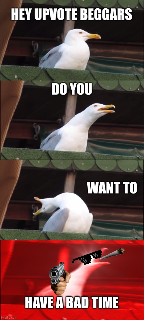 Inhaling Seagull UPVOTE BEGGAR BAD |  HEY UPVOTE BEGGARS; DO YOU; WANT TO; HAVE A BAD TIME | image tagged in memes,inhaling seagull | made w/ Imgflip meme maker