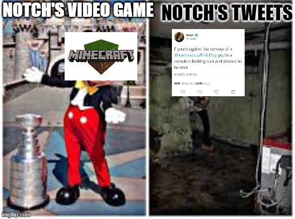 mickey mouse in disneyland | NOTCH'S TWEETS; NOTCH'S VIDEO GAME | image tagged in mickey mouse in disneyland | made w/ Imgflip meme maker