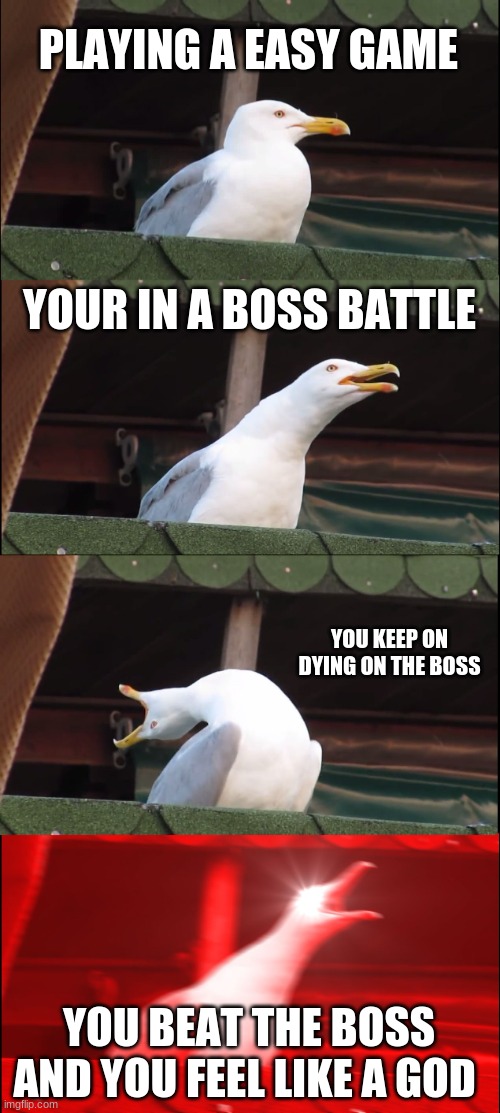 video games be like | PLAYING A EASY GAME; YOUR IN A BOSS BATTLE; YOU KEEP ON DYING ON THE BOSS; YOU BEAT THE BOSS AND YOU FEEL LIKE A GOD | image tagged in memes,inhaling seagull | made w/ Imgflip meme maker