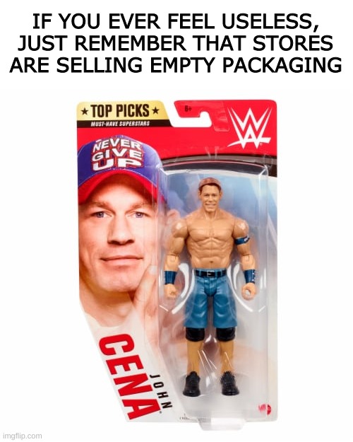 IF YOU EVER FEEL USELESS, JUST REMEMBER THAT STORES ARE SELLING EMPTY PACKAGING | image tagged in john cena,invisible,the invisible man,empty,empty stonks | made w/ Imgflip meme maker