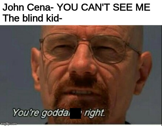 whats so sad? the deaf kid can't hear him! | John Cena- YOU CAN'T SEE ME

The blind kid- | image tagged in wow look nothing | made w/ Imgflip meme maker
