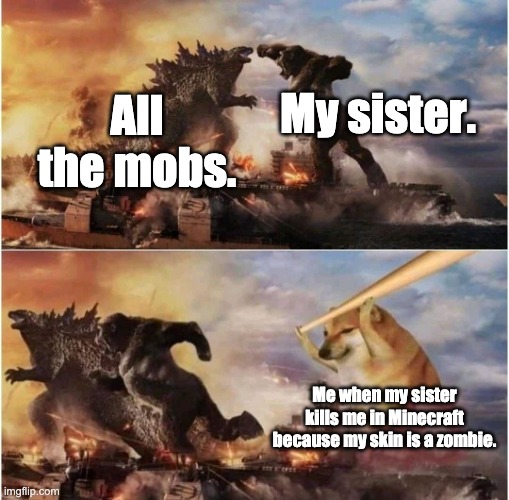 Idk | My sister. All the mobs. Me when my sister kills me in Minecraft because my skin is a zombie. | image tagged in kong godzilla doge | made w/ Imgflip meme maker