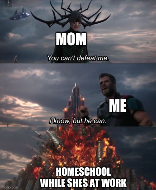 You can't defeat me | MOM; ME; HOMESCHOOL WHILE SHES AT WORK | image tagged in you can't defeat me | made w/ Imgflip meme maker