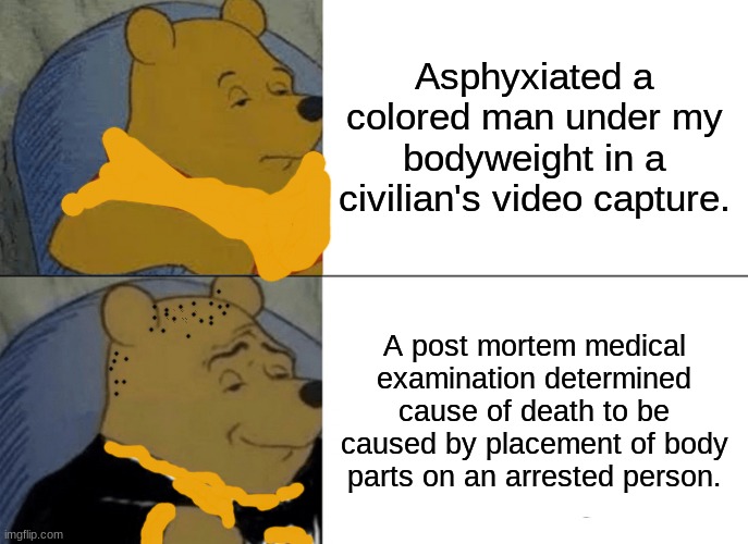 Chauvin Understated | Asphyxiated a colored man under my bodyweight in a civilian's video capture. A post mortem medical examination determined cause of death to be caused by placement of body parts on an arrested person. | image tagged in memes,tuxedo winnie the pooh | made w/ Imgflip meme maker