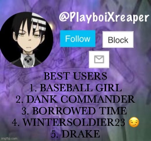 Most my homies deleted or inactive ? | BEST USERS
1. BASEBALL GIRL
2. DANK COMMANDER
3. BORROWED TIME 
4. WINTERSOLDIER23 😏
5. DRAKE | image tagged in playboixreaper | made w/ Imgflip meme maker