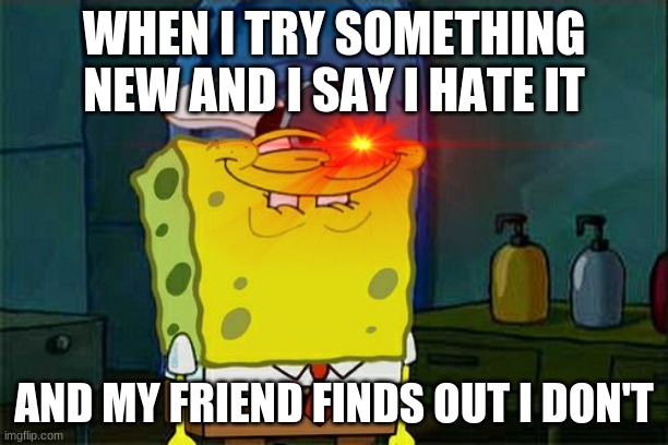 oh no | WHEN I TRY SOMETHING NEW AND I SAY I HATE IT; AND MY FRIEND FINDS OUT I DON'T | image tagged in memes | made w/ Imgflip meme maker