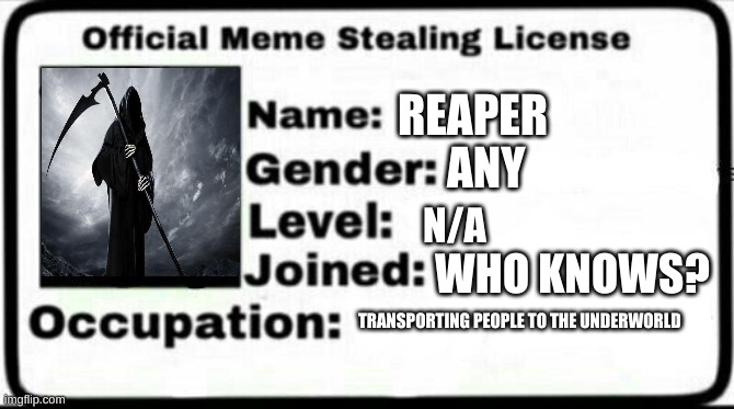 Piggy Databases #1 | REAPER; ANY; N/A; WHO KNOWS? TRANSPORTING PEOPLE TO THE UNDERWORLD | image tagged in meme stealing license,grim reaper | made w/ Imgflip meme maker