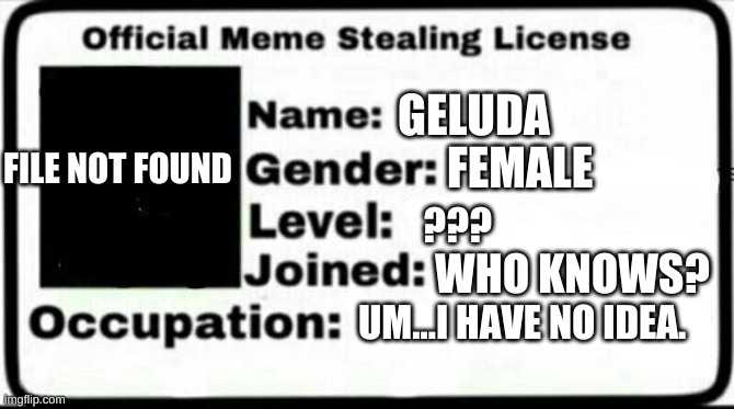 Meme Stealing License | GELUDA; FILE NOT FOUND; FEMALE; ??? WHO KNOWS? UM...I HAVE NO IDEA. | image tagged in meme stealing license | made w/ Imgflip meme maker