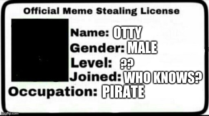 Meme Stealing License | OTTY; MALE; ?? WHO KNOWS? PIRATE | image tagged in meme stealing license | made w/ Imgflip meme maker