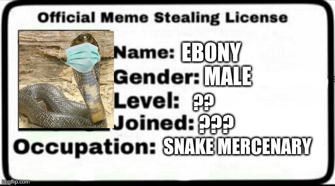 Meme Stealing License | EBONY; MALE; ?? ??? SNAKE MERCENARY | image tagged in meme stealing license | made w/ Imgflip meme maker