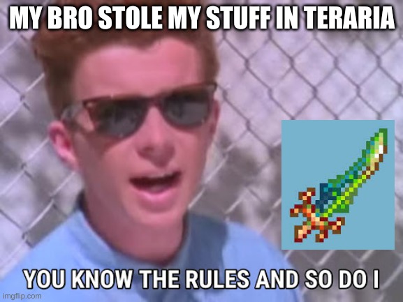 idk | MY BRO STOLE MY STUFF IN TERARIA | image tagged in rick astley you know the rules | made w/ Imgflip meme maker