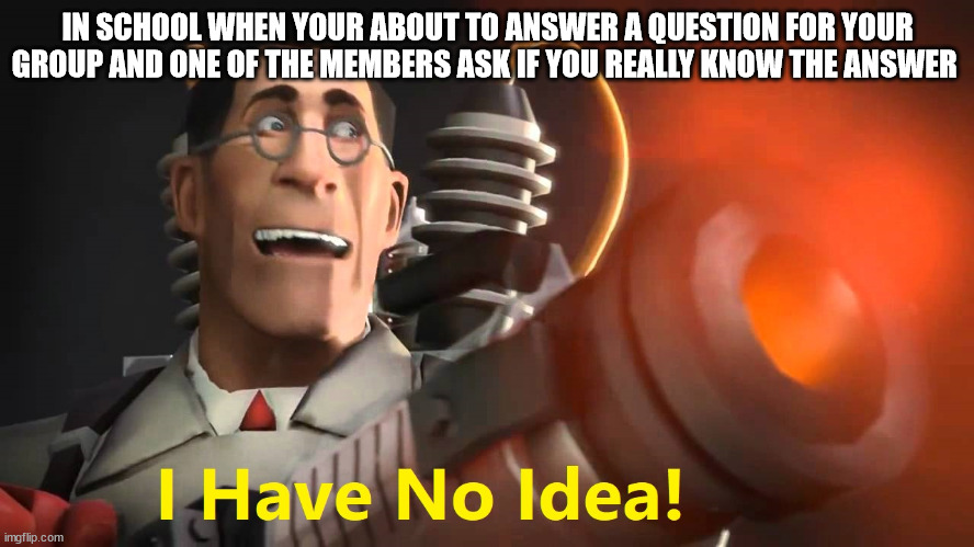 i have no idea [medic version] | IN SCHOOL WHEN YOUR ABOUT TO ANSWER A QUESTION FOR YOUR GROUP AND ONE OF THE MEMBERS ASK IF YOU REALLY KNOW THE ANSWER | image tagged in i have no idea medic version | made w/ Imgflip meme maker