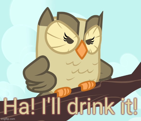Scowled Owlowiscious (MLP) | Ha! I'll drink it! | image tagged in scowled owlowiscious mlp | made w/ Imgflip meme maker