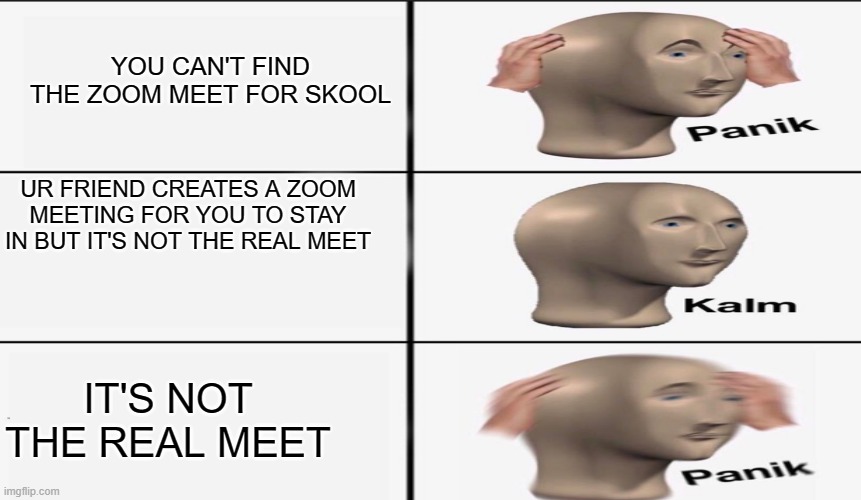 Panik kalm more panik | YOU CAN'T FIND THE ZOOM MEET FOR SKOOL; UR FRIEND CREATES A ZOOM MEETING FOR YOU TO STAY IN BUT IT'S NOT THE REAL MEET; IT'S NOT THE REAL MEET | image tagged in panik kalm panik | made w/ Imgflip meme maker