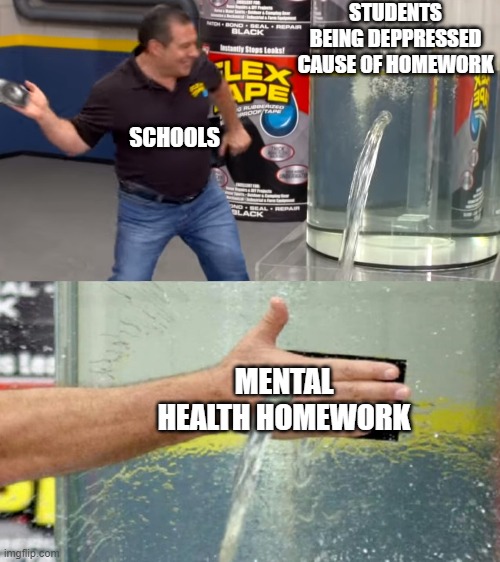 STUDENTS BEING DEPPRESSED CAUSE OF HOMEWORK; SCHOOLS; MENTAL HEALTH HOMEWORK | image tagged in phil swift flex tape | made w/ Imgflip meme maker