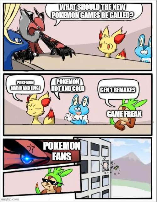 Game Freak in a Nutshell... | WHAT SHOULD THE NEW POKEMON GAMES BE CALLED? POKEMON HOT AND COLD; POKEMON MARIO AND LUIGI; GEN 1 REMAKES; GAME FREAK; POKEMON FANS | image tagged in pokemon board meeting,yveltal,chespin,lol,deal with it | made w/ Imgflip meme maker