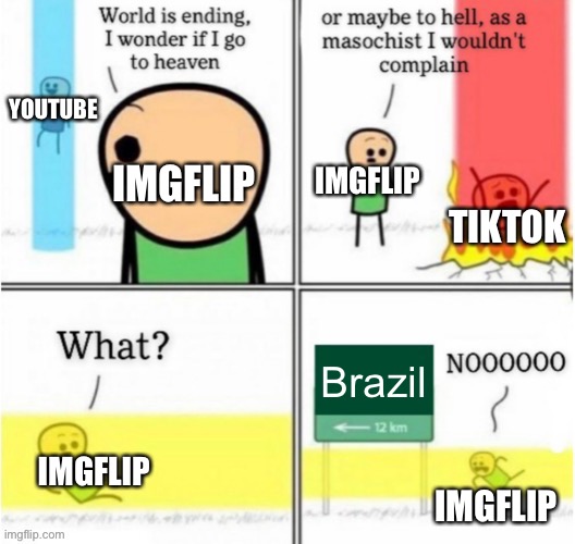 I would not want to go to TikTok ever or Brazil in this situation. | YOUTUBE; IMGFLIP; IMGFLIP; TIKTOK; Brazil; IMGFLIP; IMGFLIP | image tagged in guy goes to insert text here,brazil,imgflip,covid-19,coronavirus,oof | made w/ Imgflip meme maker