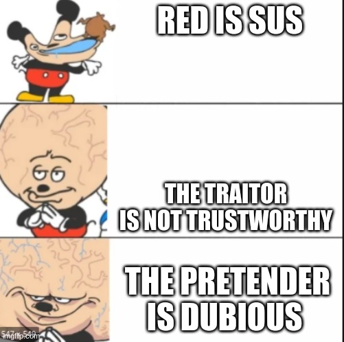 IQ | RED IS SUS; THE TRAITOR IS NOT TRUSTWORTHY; THE PRETENDER IS DUBIOUS | image tagged in iq,yeah this is big brain time | made w/ Imgflip meme maker