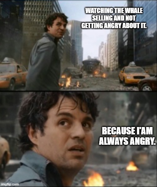 Hulk always angry | WATCHING THE WHALE SELLING AND NOT GETTING ANGRY ABOUT IT. BECAUSE I'AM ALWAYS ANGRY. | image tagged in hulk always angry | made w/ Imgflip meme maker