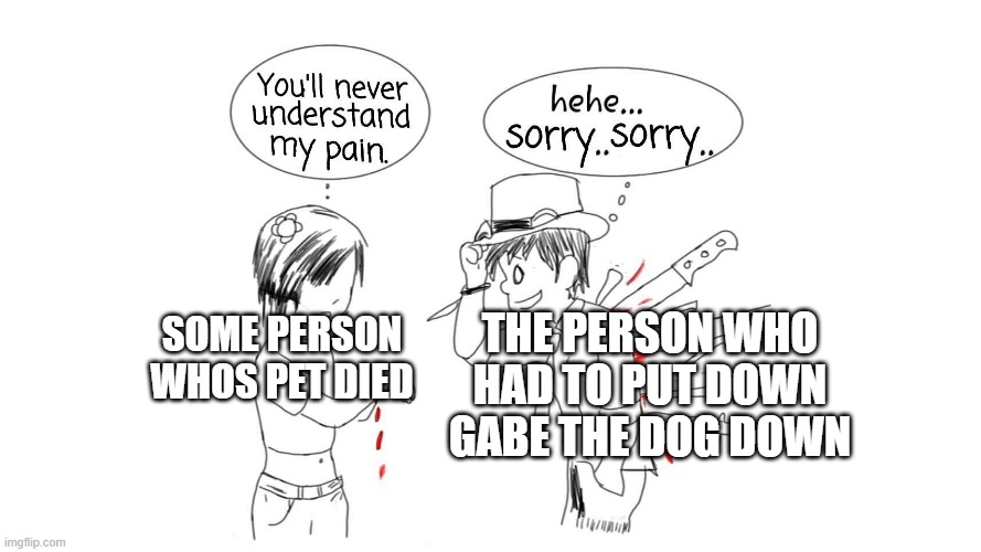 You’ll never understand my pain |  THE PERSON WHO HAD TO PUT DOWN GABE THE DOG DOWN; SOME PERSON WHOS PET DIED | image tagged in you ll never understand my pain | made w/ Imgflip meme maker