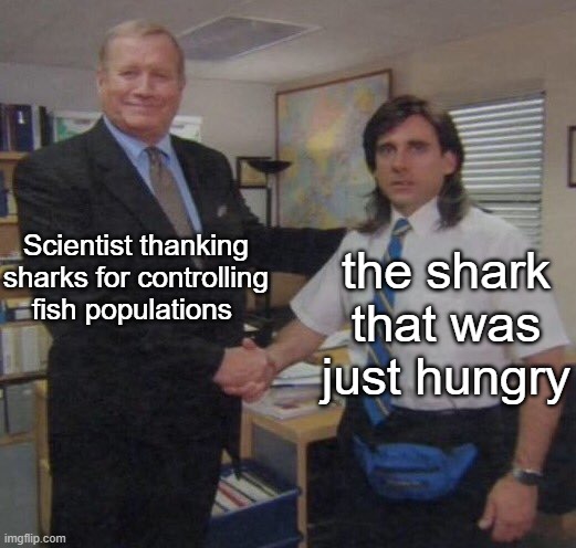 Shark meme |  Scientist thanking sharks for controlling fish populations; the shark that was just hungry | image tagged in the office congratulations | made w/ Imgflip meme maker