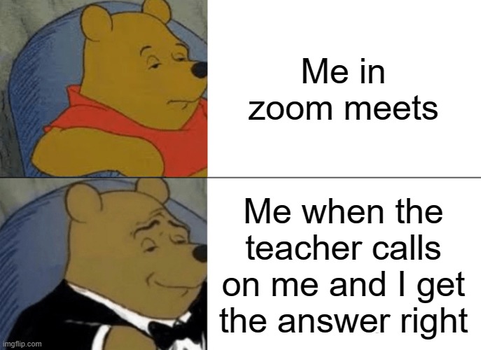 Tuxedo Winnie The Pooh | Me in zoom meets; Me when the teacher calls on me and I get the answer right | image tagged in memes,tuxedo winnie the pooh | made w/ Imgflip meme maker