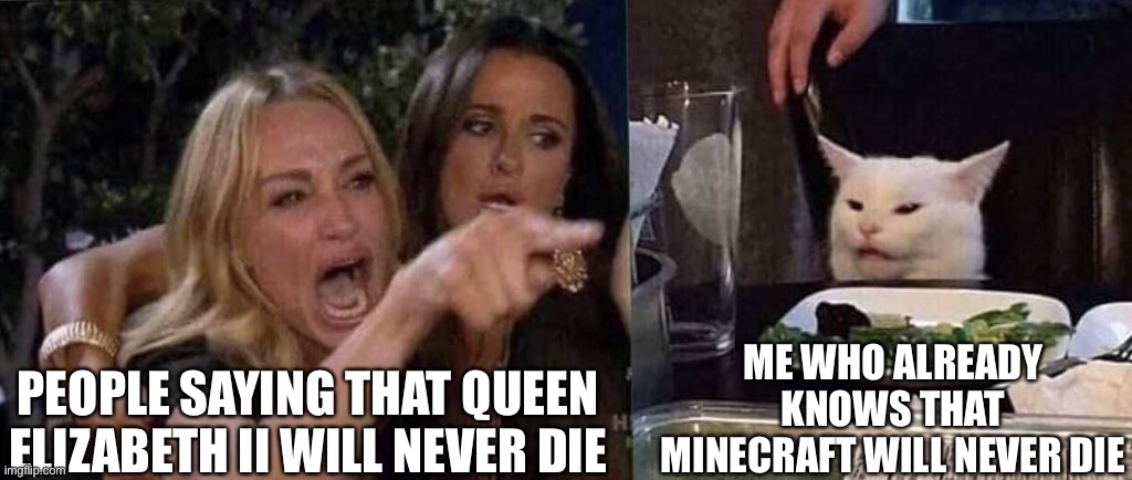 i am not wrong tho | PEOPLE SAYING THAT QUEEN ELIZABETH II WILL NEVER DIE; ME WHO ALREADY KNOWS THAT MINECRAFT WILL NEVER DIE | image tagged in woman yelling at cat,memes,minecraft,gaming | made w/ Imgflip meme maker